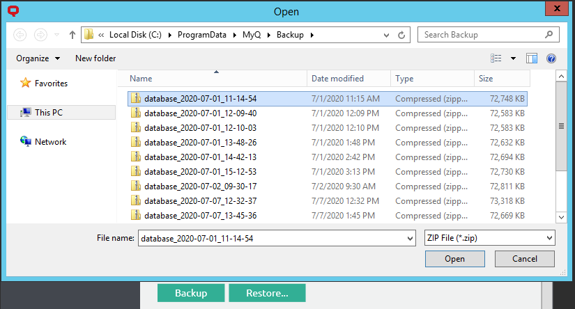 Open database file selection window