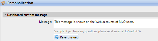 Dashboard custom message setting