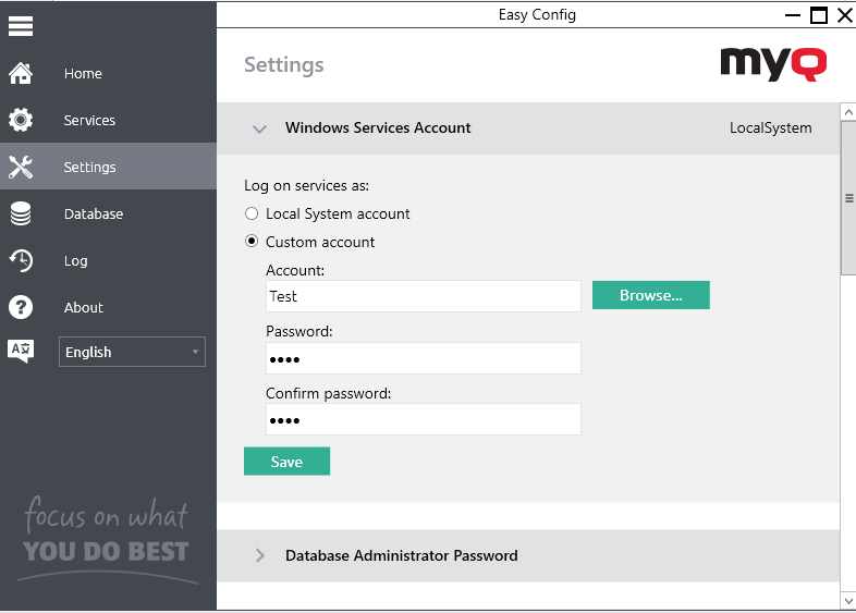 MyQ Easy Config - Changing Windows services account