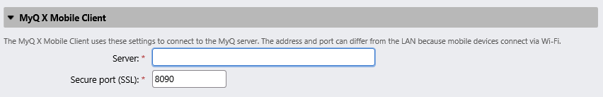 MyQ X Mobile Client settings in the Network settings tab