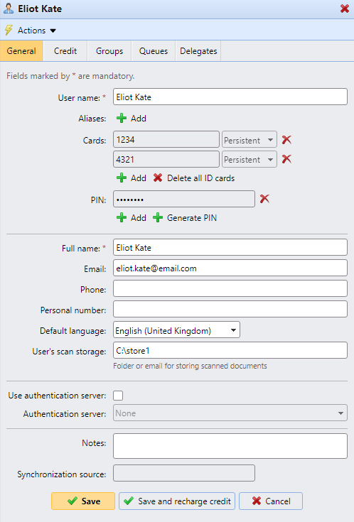 User properties panel