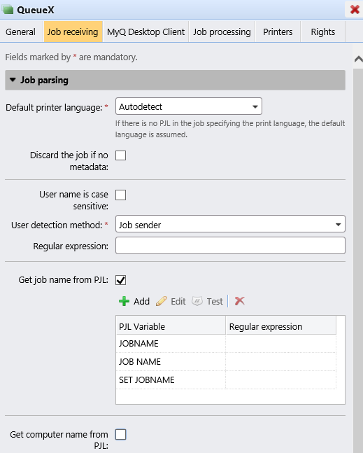 Job receiving tab properties