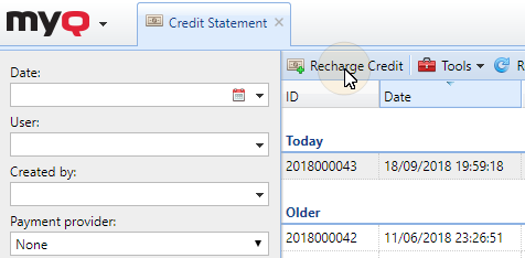 Recharging credit on the Credit Statement tab