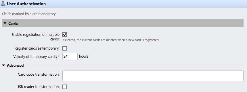 User Authentication settings tab - Cards