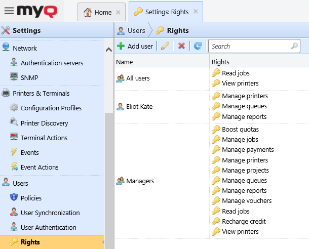 Rights settings tab