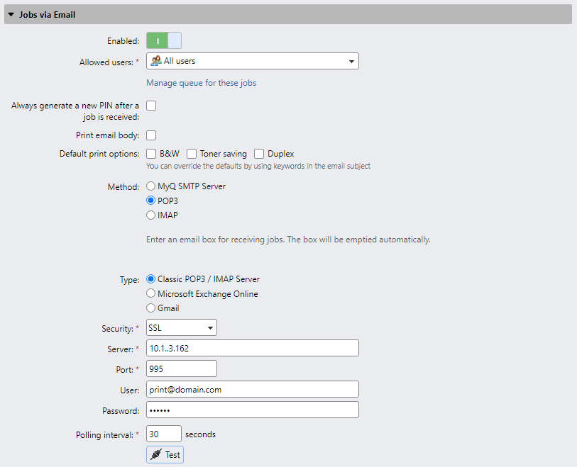 POP3 settings example