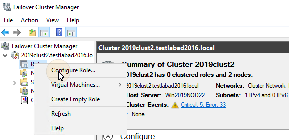 Configure Role in Failover Cluster Manager