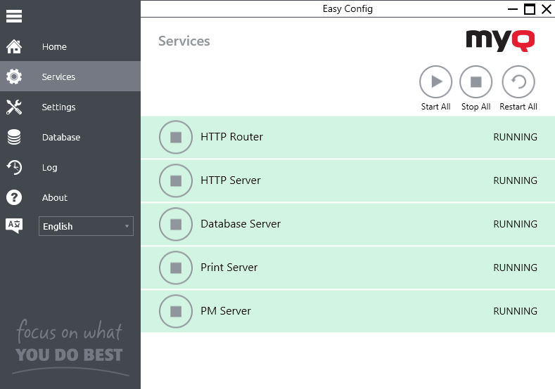 MyQ Easy Config - Services tab