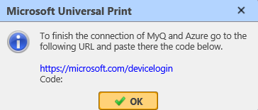 Pop-up with the MS Universal Print code