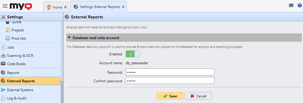 External Reports settings tab