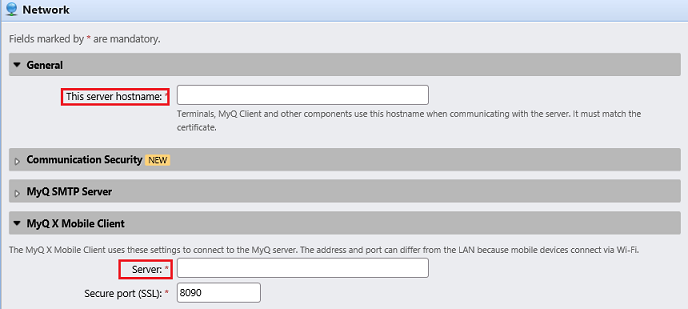 MyQ Web UI - Network settings tab