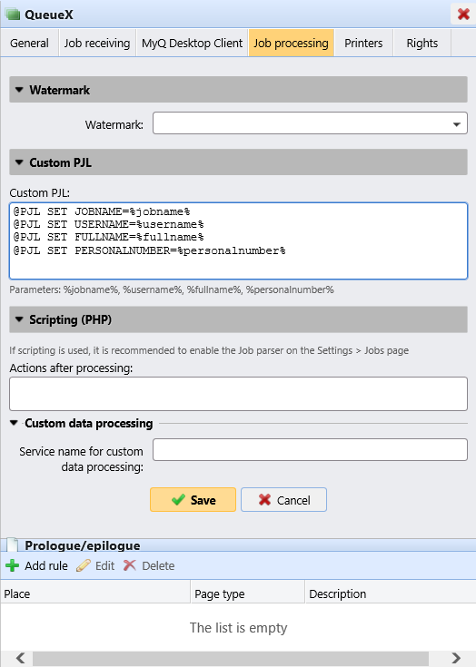 Job processing tab