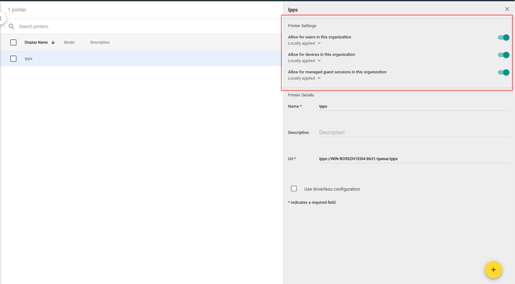 Google Admin Console - New printer IPPS settings check