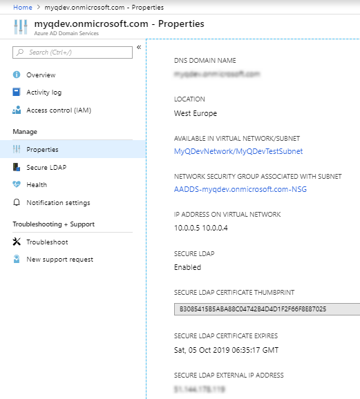 Azure AD domain settings example