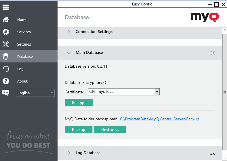 MyQ Central Easy Config - Database tab