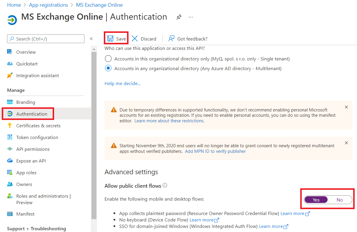 MS Exchange Online authentication settings
