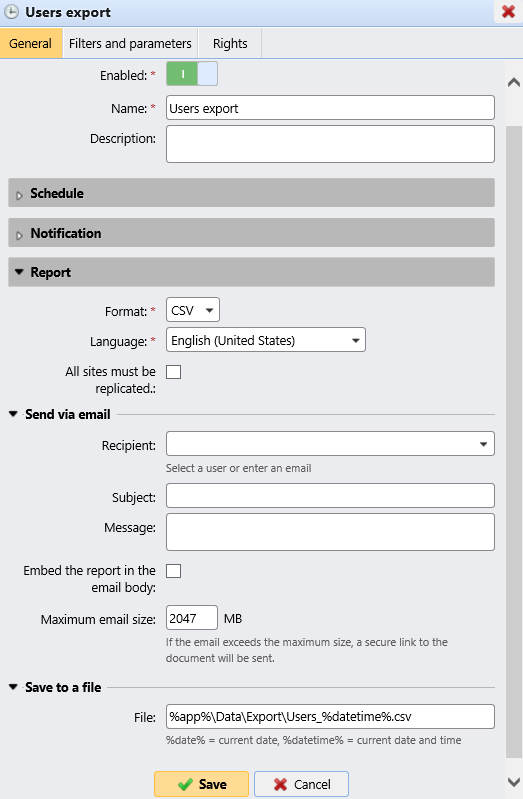 Users export properties