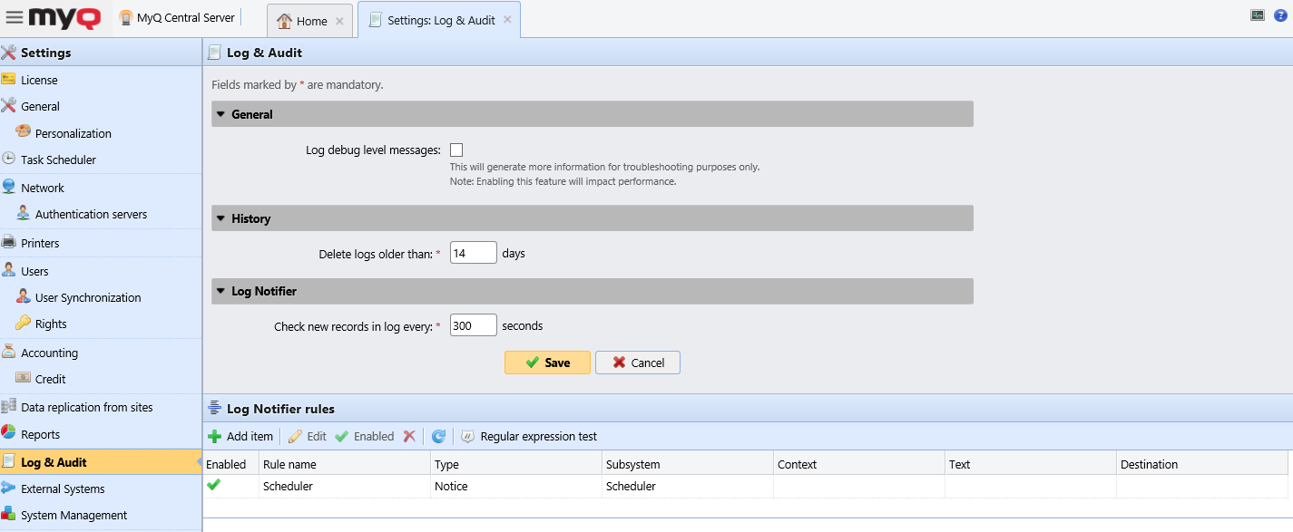 Log and Audit settings tab