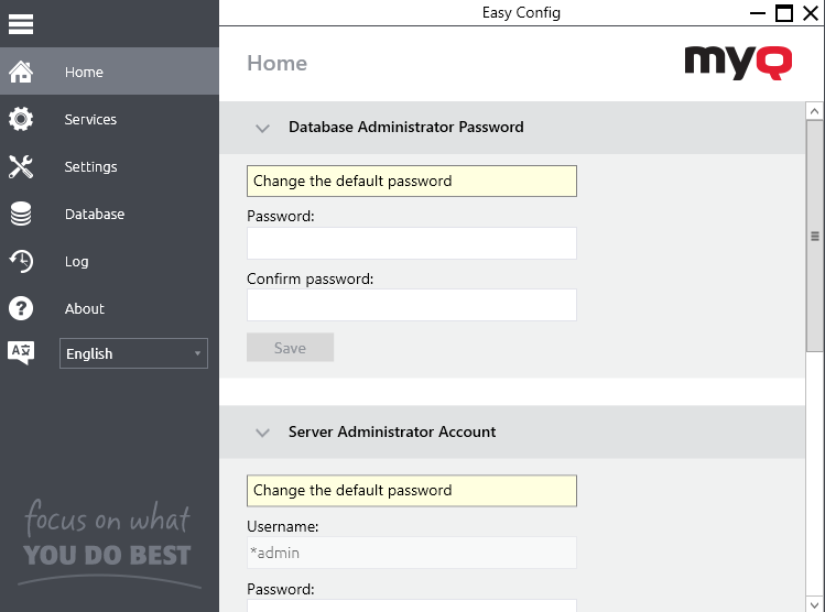 MyQ Central Easy Config - Home tab, changing default passwords