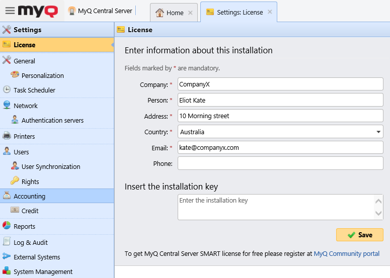 License settings tab