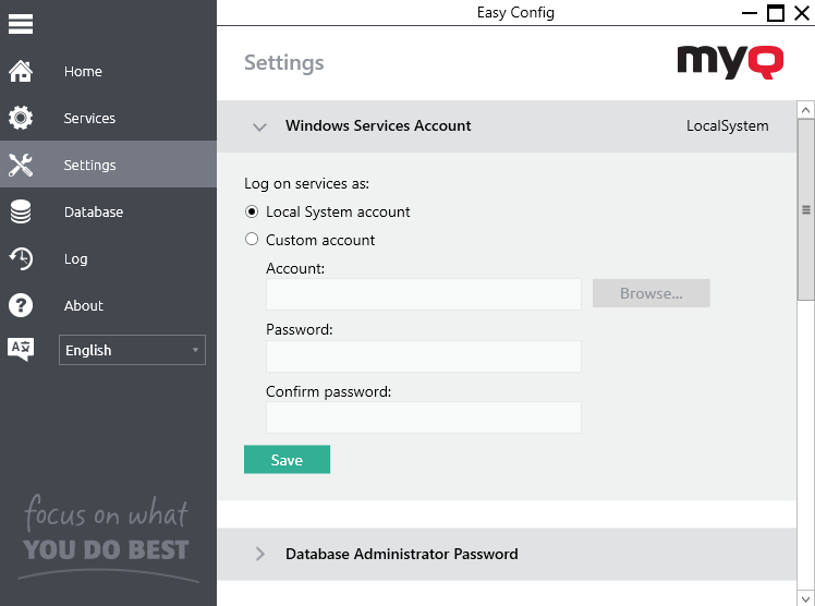 Changing the MyQ Windows Services Account