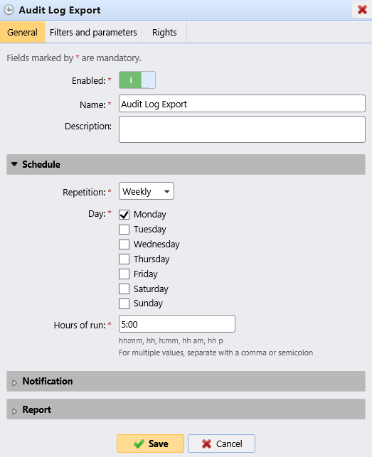 Audit Log Export properties