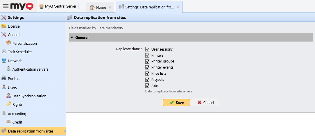Data replication from sites settings