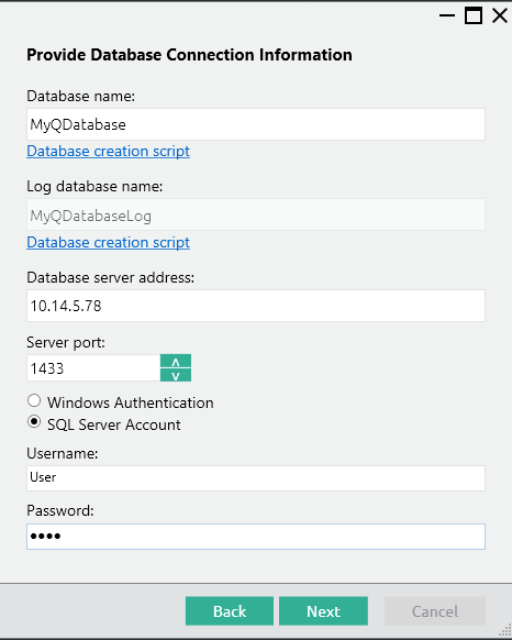 SQL DB connection information