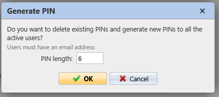 Generate new PINs pop-up