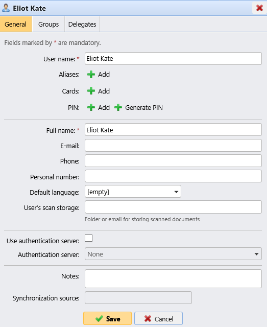 User properties panel