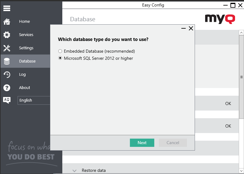 Selecting the MS SQL server 2012 or higher database type option