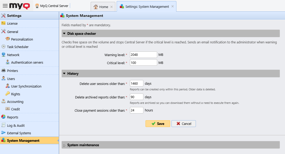 System Management settings tab