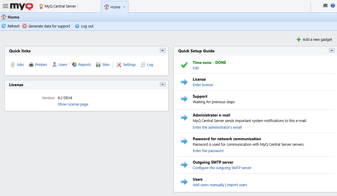 MyQ Central web administrator interface - Home dashboard