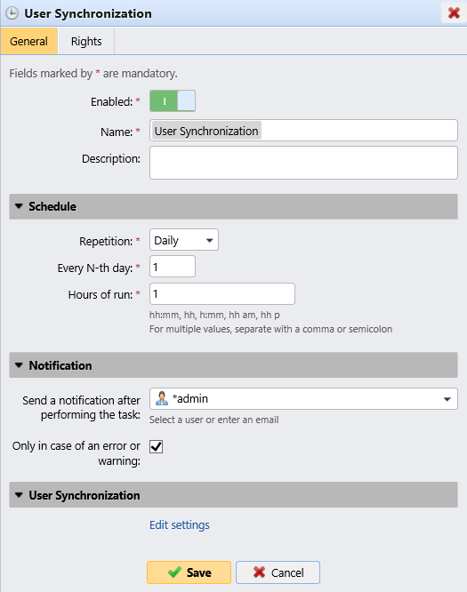 User Synchronization task schedule properties