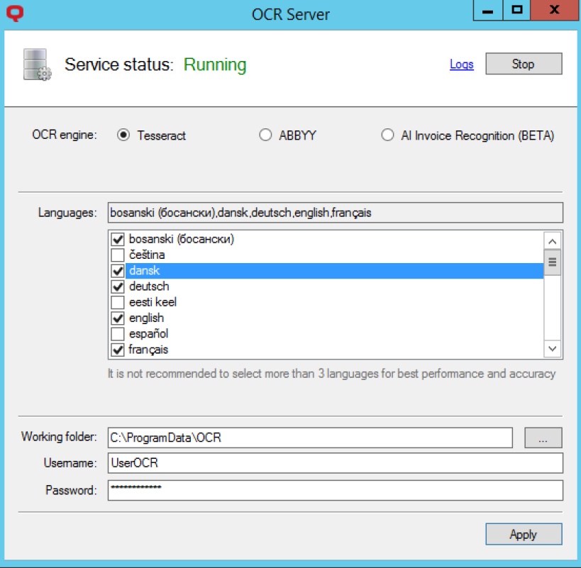 OCR Server configuration window