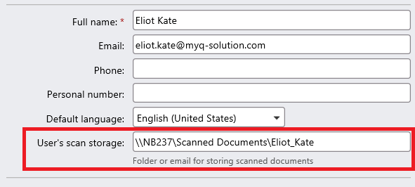 User's scan storage field on a user's account on the MyQ web UI