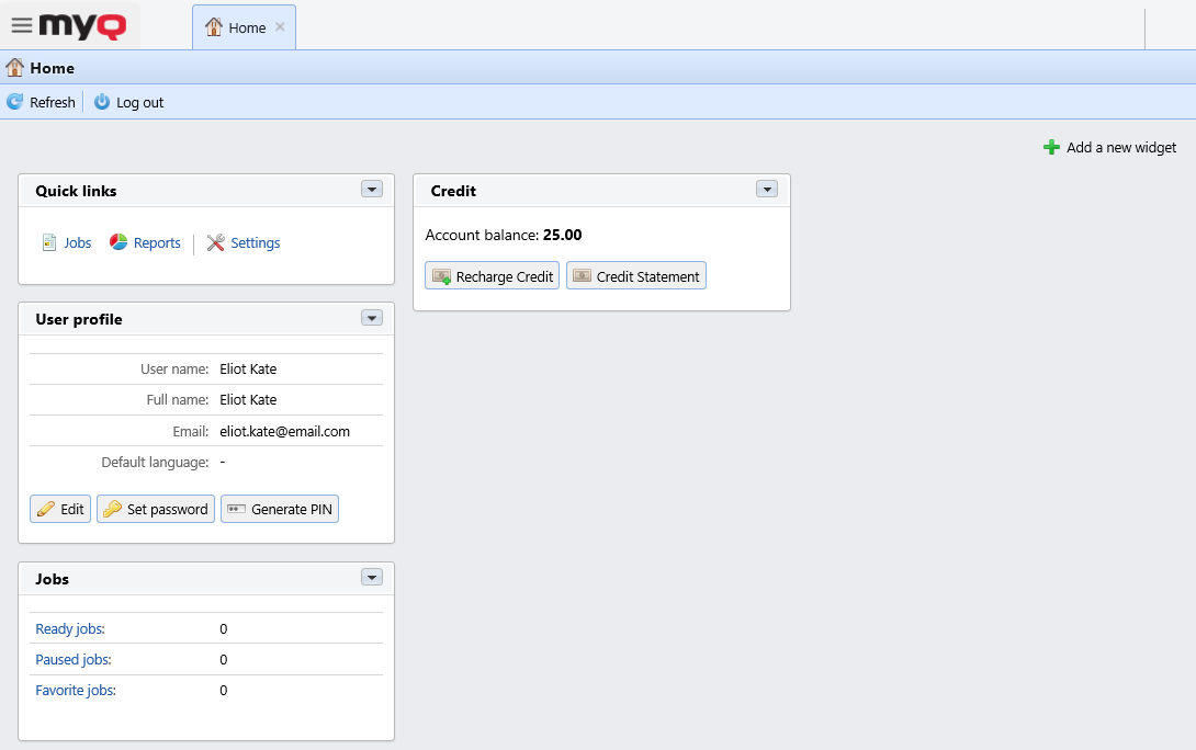 MyQ web UI home dashboard