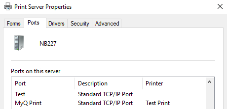 The new port in the printer server properties