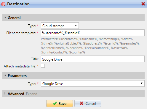 Setting the Google Drive destination type