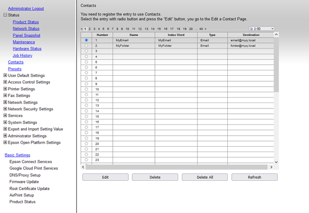 Adding contacts in the device web UI