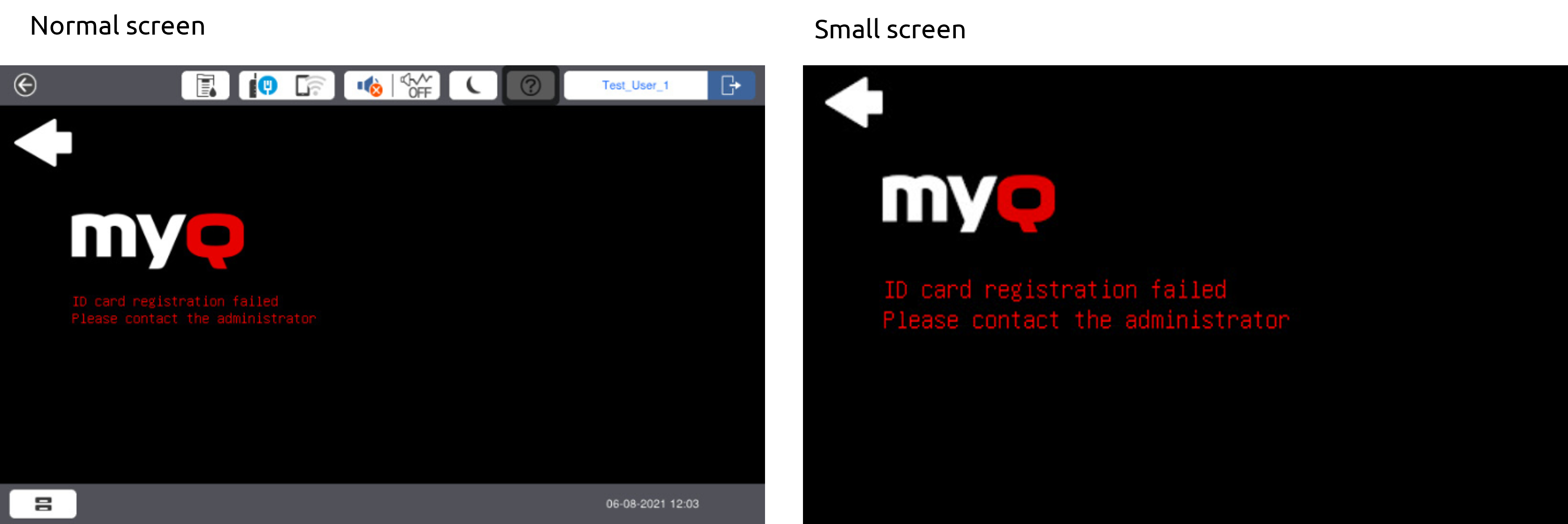 ID Card Registration failed message on a terminal with a normal or small screen