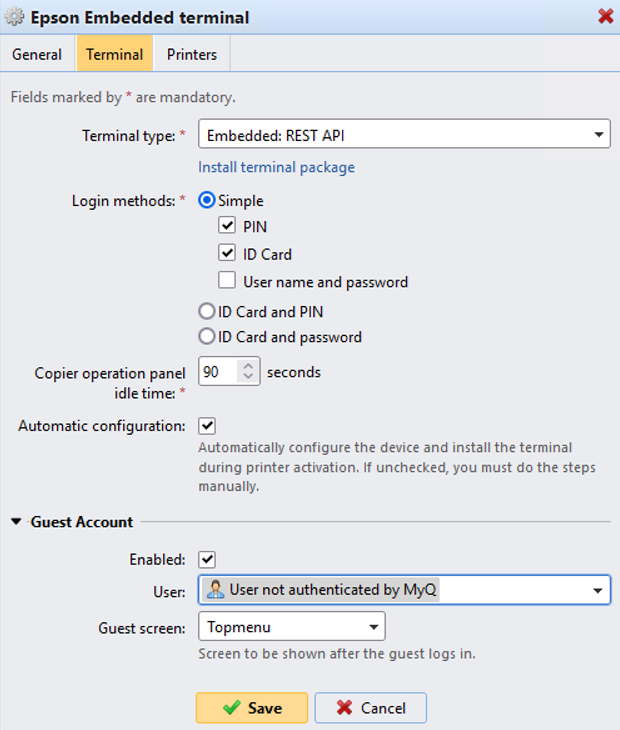 Configuration profile Terminal tab settings