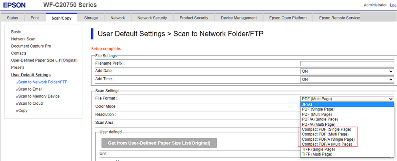 Scan file format in the device web UI