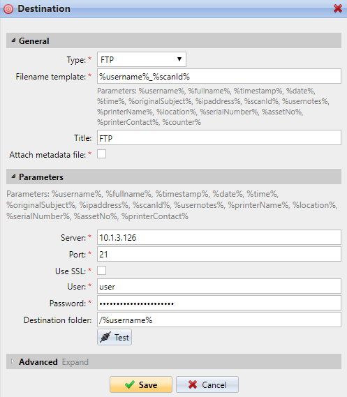 FTP destination settings