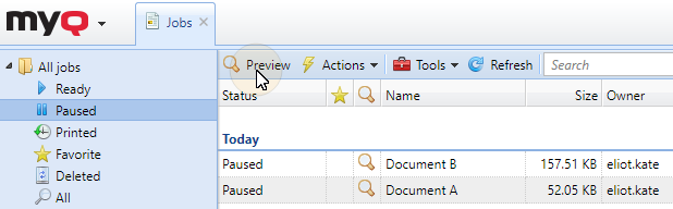 Previewing jobs on the MyQ web UI