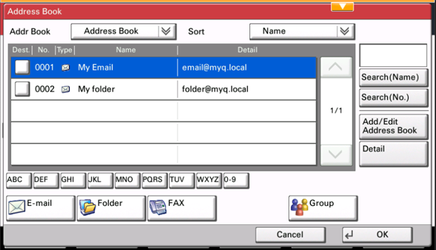 MyQ predefined destinations on the terminal