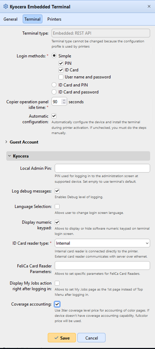 Configuration profile settings - Terminal tab