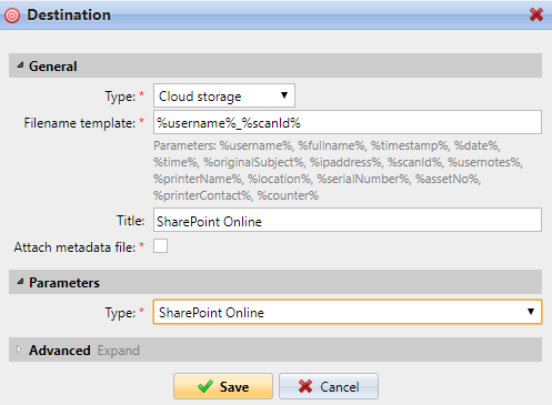 Setting the SharePoint Online destination