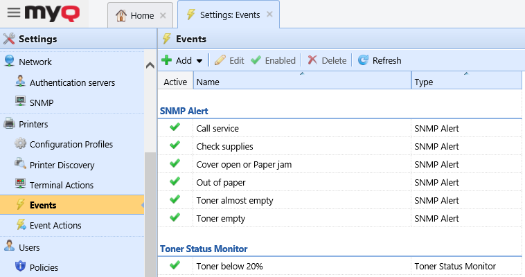 Printer events settings