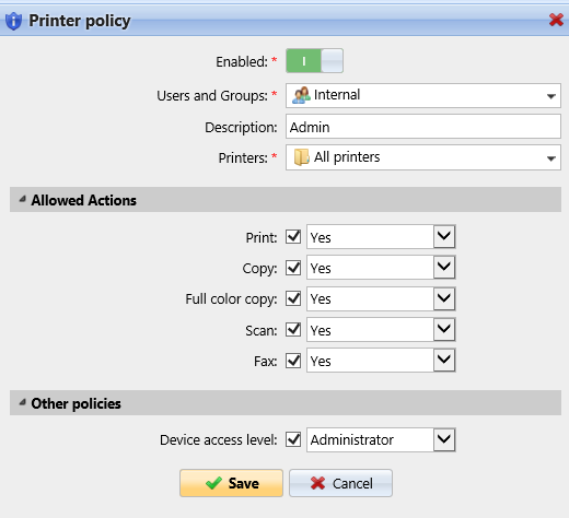 Printer Policy settings